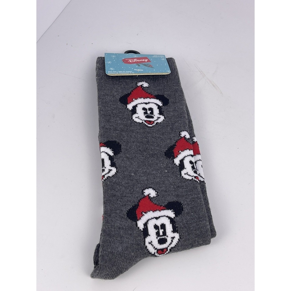 Disney Mickey Mouse Christmas Holiday Socks Red Santa Hat Charcoal Gray‎